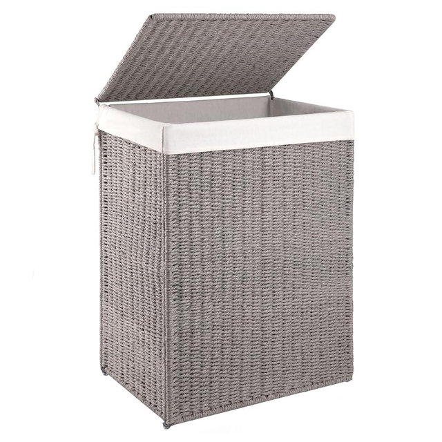 OIAHOMY Laundry Hamper with Lid, 23.8 Gal (90L) Wicker Hamper with Removable Liner Bags, Handwoven Clothes Hamper with Handles, Foldable Woven Paper Rope Hamper for Laundry Room, Bedroom-Grey