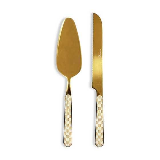 MACKENZIE-CHILDS 2-Piece Bistro Cake Serving Set, Stainless-Steel Cake Spatula and Knife, Brown-and-White Mocha Check