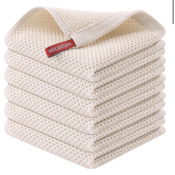 Kitinjoy 100% Cotton Kitchen Dish Cloths (12 X 12 Inches, Beige), 6-Pack Waffle Weave Dish Towels for Drying Dishes Super Soft Absorbent Quick Drying Dish Rags