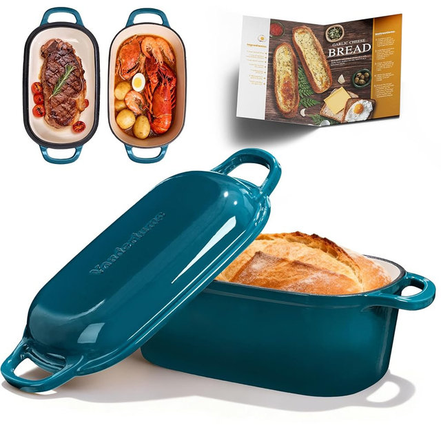 Vanderlume 4.6-Quart Oval Dutch Oven for Bread Baking, 2 in 1 Enameled Cast Iron Bread Pan with Lid, Sourdough Baking Pan for a Crispy Crust, Teal