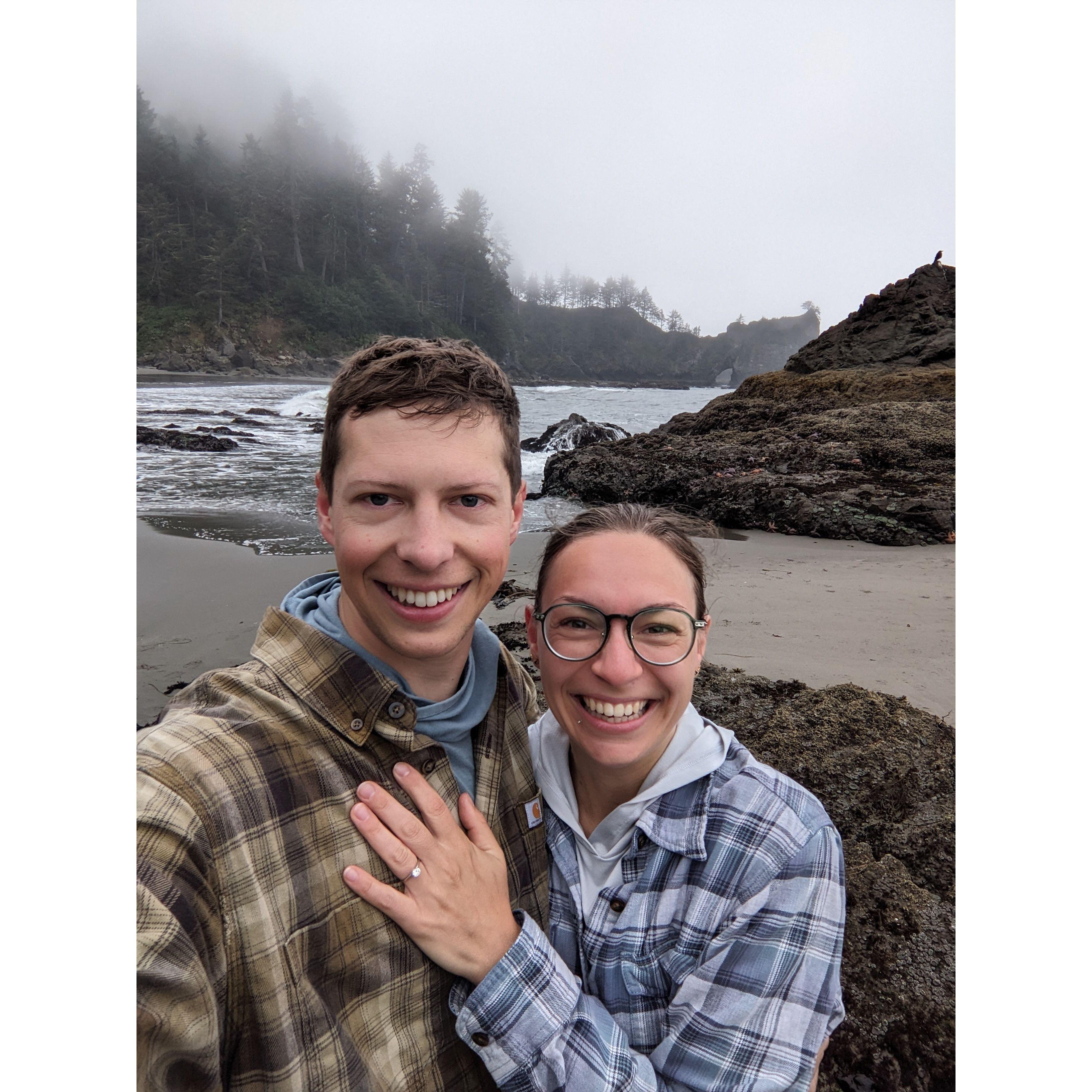 This is on a beach backpacking trip where Nick proposed while we were tidepooling. This is right after the proposal.