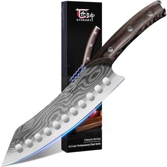 SYOKAMI Kiritsuke knife, 8.2 Inch Chef Knife, Japanese Style High Carbon Steel, Razor Sharp for Precision Cutting, Damascus Pattern, Ergonomic Full Tang Wood Handle, Birthday Wedding Cooking Gifts