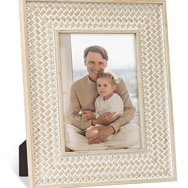 Sonefreiy 5x7 Picture Frame Boho Moroccan Rattan Decor Beige Yellow Photo Frame Rustic Pattern for Desk and Wall Family Friend Gift