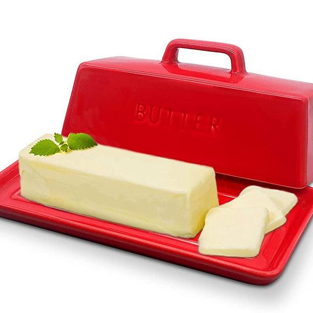 Red Modern Butter Dish with Lid for Countertop, Gute Porcelain Butter Dish with Covers, Large Butter Dish Perfect for East/West Coast Butter, 7 Inches, Microwave Refrigerator Dishwasher Safe