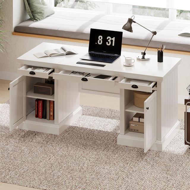 67" Computer Desk, Home Office Desk With 2 Storage Cabinets And 3 Drawers, Rectangular Writing Table With Back Panel White