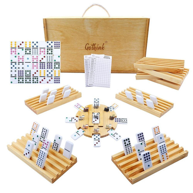 GOTHINK Mexican Train Dominoes Set, 91 Tiles Double 12 Dominos Set for Adults and Family, with Wooden Trays*8, Metal Trains*9, Wooden Hub & Scoreboards, Dominoes Tile Board Game in Storage Case Games