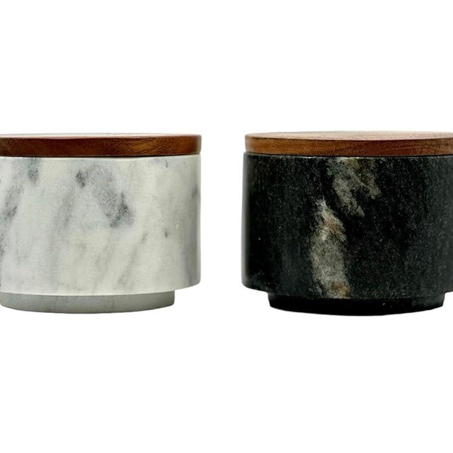 Savvy East Marble Salt Cellar Pepper Cellar 2pc Set, Stackable Large Salt and Pepper Holder Duo w/Air-Tight Tops, Space-Saving Spice Pinch Pots, Black & White Marble Salt and Pepper Bowls with Lids