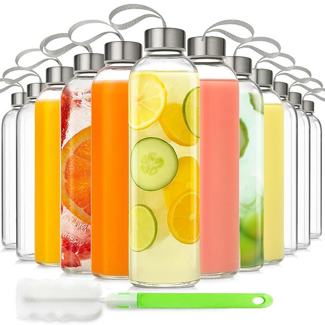 UPBUD 12 Pack 18oz Glass Juice Bottles with Lids Carry Strap, Reusable Glass Water Bottle BPA Free Leakproof Wide Mouth Smoothie Tea Coffee Cold Brew Storage Refrigerator Safe