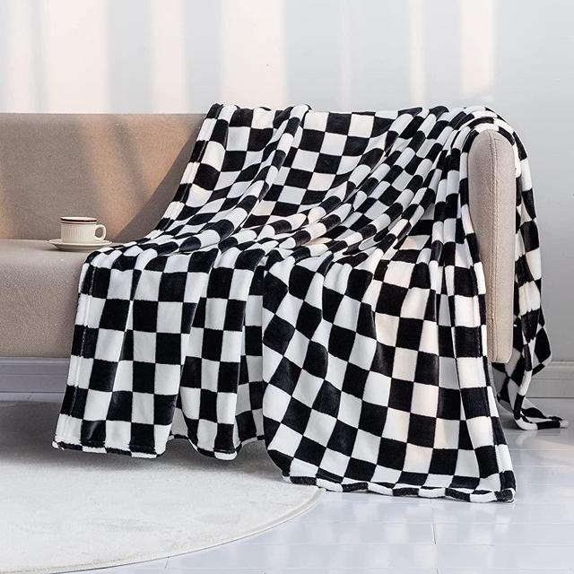 LOMAO Throw Blankets Flannel Blanket with Checkerboard Grid Pattern Soft Throw Blanket for Couch, Bed, Sofa Luxurious Warm and Cozy for All Seasons (Black, 90"x90")