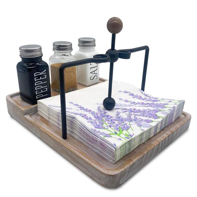 Napkin Holder with Salt and Pepper Shakers, Flat Napkin Holder for Table, Kitchen Table Decor, 2-in-1 Rustic Napkin Holder for Paper Napkins, Wooden Napkin Holder for Bar, Kitchen & Dinning Room