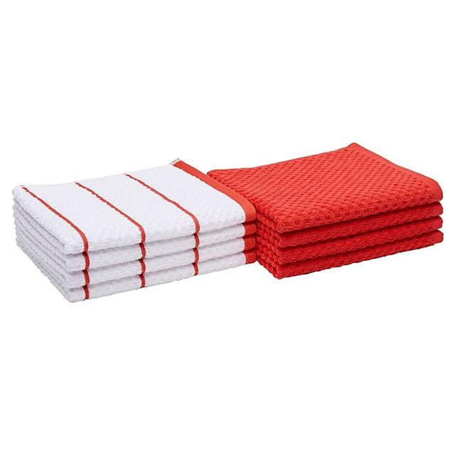 Amazon Basics 100% Cotton Terry Kitchen Dish Towels, Popcorn Texture - 8-Pack, Red Stripe