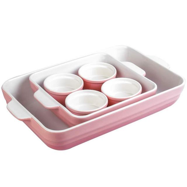 Joyroom Bakeware Set of 6, Ceramic Baking Dish Set Includes 9 x 13 Inches Lasagna Pan, Square Baking Pan and Ramekins for Cooking, Kitchen, Circle Collection (Pink)