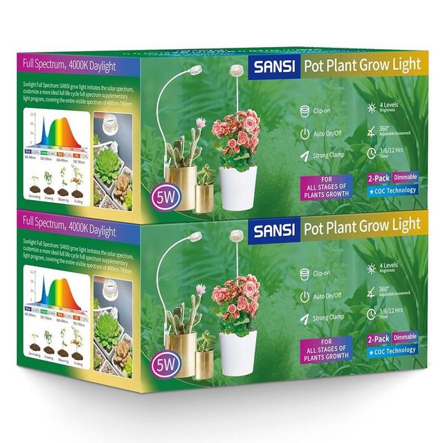 SANSI Grow Lights for Indoor Plants, Pot Clip LED Plant Lights for Indoor Growing, Full Spectrum, with 4-Level Dimmable, Auto On Off 3 6 12 Hrs Timer for Small Plants, Gardening Gifts White 5V 4-Pack