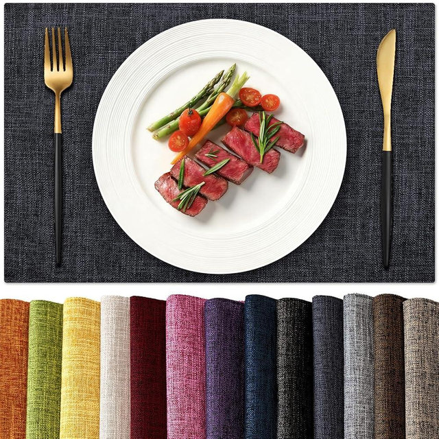 KXN Placemats Set of 6, Dual-Layer Thickened Faux Linen Table Mats, Heat Resistant & Wrinkle-Free, Machine Washable Cloth Place Mats for Kitchen Dining Indoor Outdoor (Dark Gray)