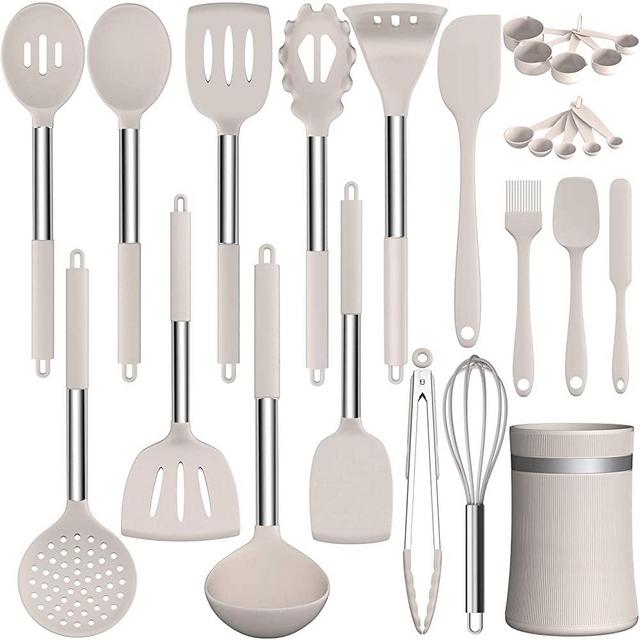 Kitchen Cooking Utensils Set, AIKKIL 26 pcs Non-stick Silicone Kitchen Utensils Spatula Set with Holder, Heat Resistant Silicone Kitchen Gadgets Utensil with Stainless Steel Handle -Khaki