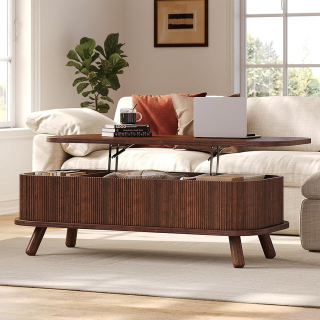 47" Fluted Lift Top Coffee Table with Storage, Modern Oval Wooden Coffee Table for Living Room or Home Office, Safe Rounded Corners & Hidden Compartment