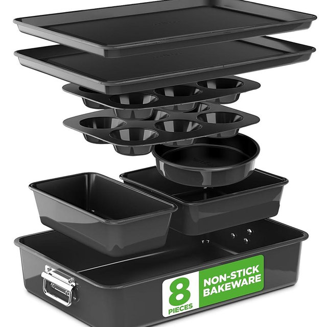 NutriChef 8 Piece Nonstick Bakeware Set | Carbon Steel Baking Pans for Oven | Includes Sheet Pan, Muffin, Loaf, Round and Square Cake Pan | Dishwasher Safe, Stackable Design Oven Safe up to 446°F