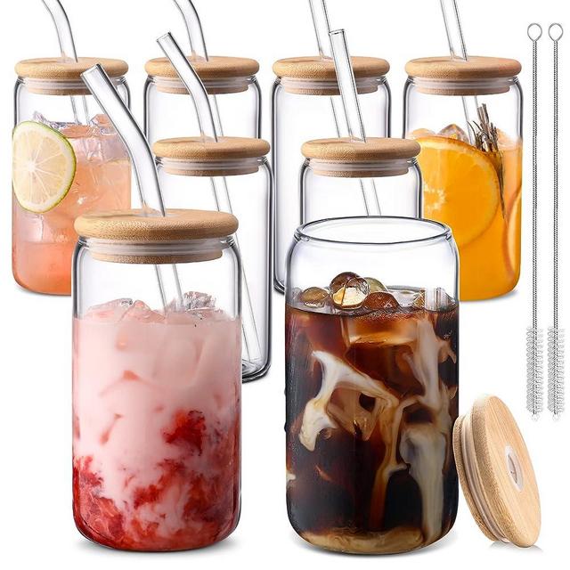 DWTS DANWEITESI Glass Cups with Lids and Straws 8pcs,16oz Glass Iced Coffee Cups with Lids-Clear Glass Coffee Cups,Cute Glass cups for Coffee Bar Accessories Gifts
