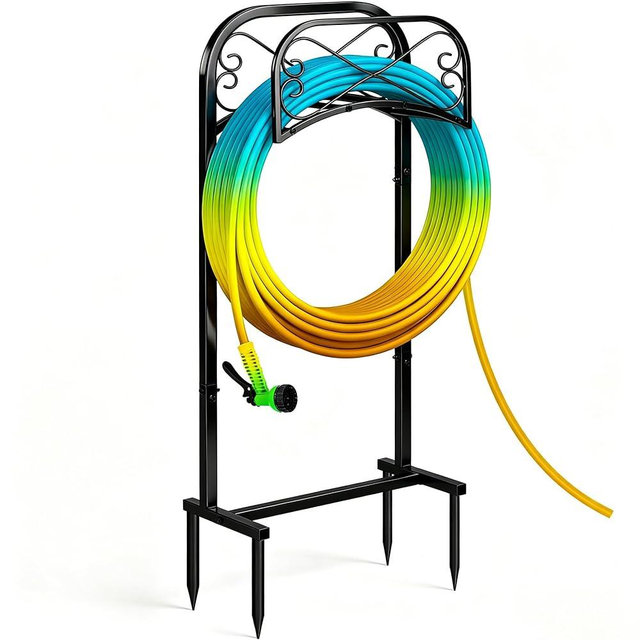 Gtongoko Garden Hose Holder for Outside 43 In With 4 Prongs Base Detachable Metal Water Hose Holder Freestanding Heavy Duty Organizer Holds 150FT Stand Hanger for Outdoor Yard Black