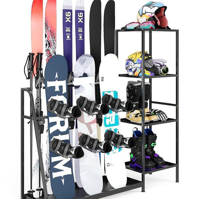 Garvee Ski Storage Rack, Heavy Duty Steel Ski Holder for Garage Basement Home, Multipurpose Floor Stand Ski Equipment Organizer for Ski Poles, Goggles, Helmet & More, 48L×11.8W×46H, Black