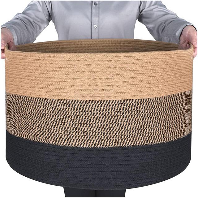 MINTWOOD Design Extra Large 22 x 14 Inches Blanket Storage Basket, Laundry Basket, Decorative Woven Cotton Rope Baskets for Blanket Storage Living Room, Toy Storage Basket Bin, Black Jute