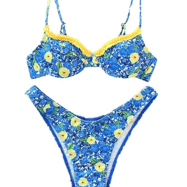 Floerns Women's Floral Frill Trim Underwire High Cut Two Piece Bikini Swimsuit