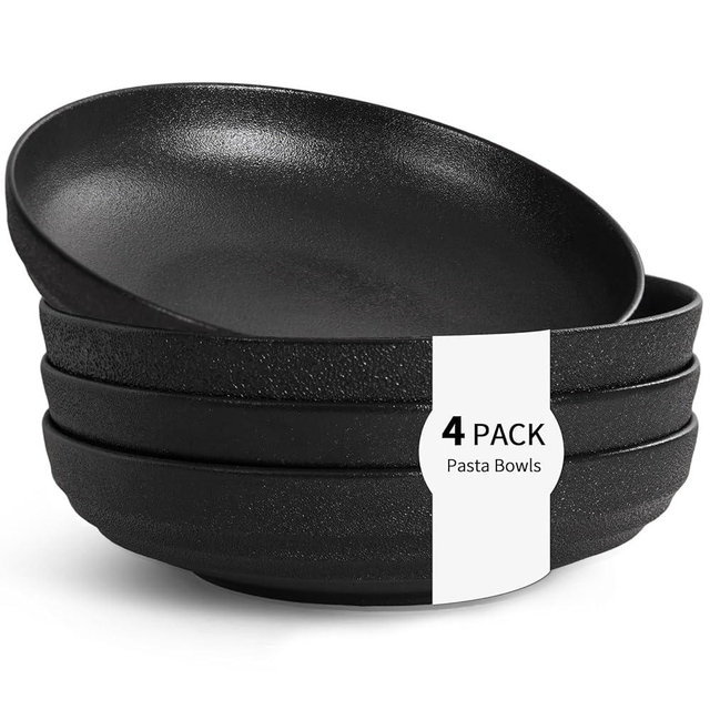 ClayDwelling Pasta Bowls Set of 4, Black Matte Ceramic Large Serving Bowls 9 Inch 42oz, Modern Dinnerware Bowl Set, Dishwasher Microwave Safe, Kitchen Bowls for Family Dinner