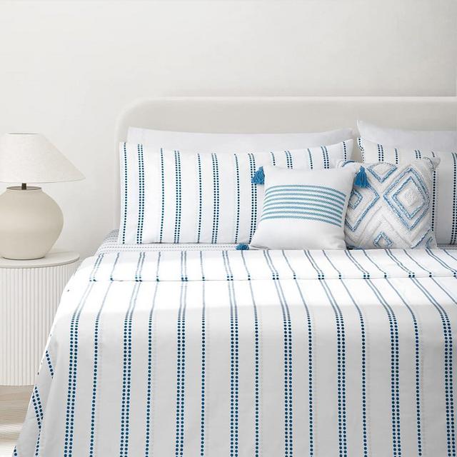 White Queen Sheet Set, 100% Combed Cotton Sheets, Extra Soft, Breathable Sheets for Queen Size Bed with 15" Deep Pocket, 4 Pcs Premium Brushed Cotton Sheets (Queen, Striped of Blue Polka Dots)