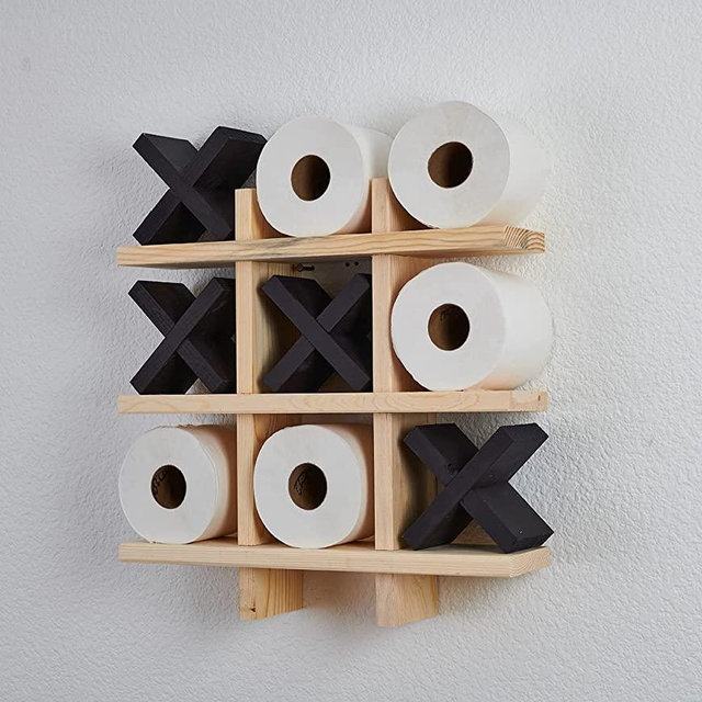 Bath Tic Tac Toe, Toilet paper Holder, Free Shipping, Bathroom Decor, Rustic Bath Shelf, Wood bath Shelf (Natural-Black X, Classic)
