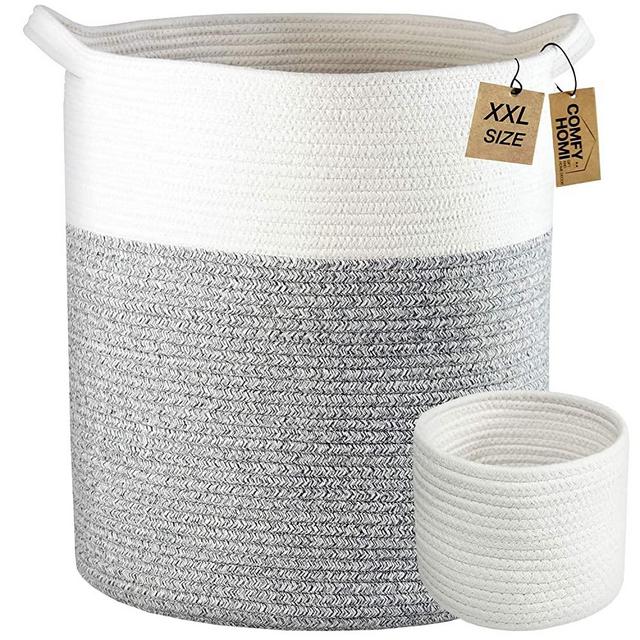Laundry Basket 2pc by COMFY-HOMI Large Basket 18"X16" Tall Woven Cotton rope Basket with Handles Decorative Basket for Blankets Round Storage Basket for living room,Clothes,Pillows,Towels (White Grey)