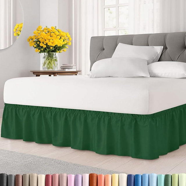 Wrap Around Dust Ruffle Bed Skirt - Emerald - for Queen Size Beds w/ 12 Inch Drop - Easy Fit Elastic Strap - Adjustable Pleated Bedskirt w/Brushed Fabric - Wrinkle Free - for Women, Men, Kids & Teens