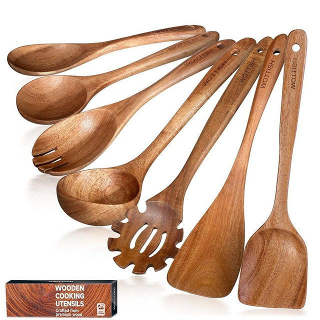 Wooden Spoons for Cooking,WOTTISH 7Pcs Wooden Cooking Utensils,Nonstick Wooden Spatula,Wooden Kitchen Utensils Set Non Toxic,Wooden Utensil Set