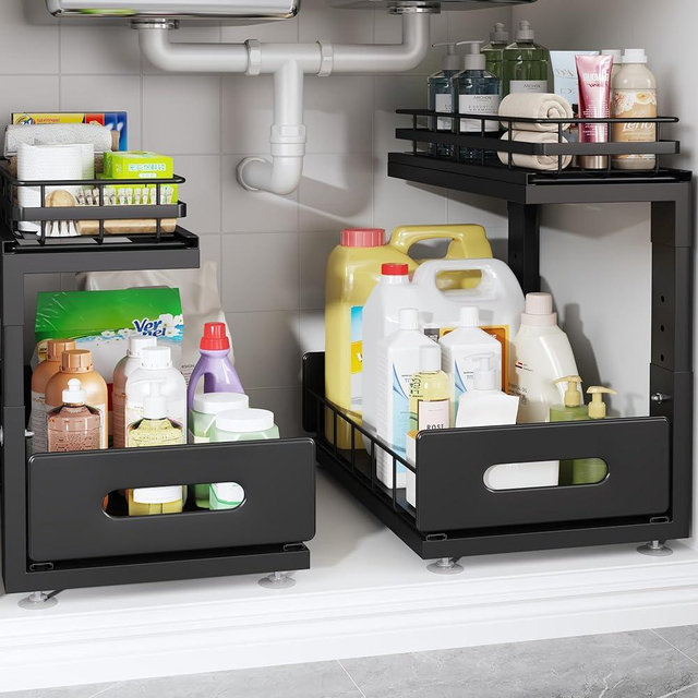 Biboraya 2 Pack Under Sink Organizer Upgrade To Professional Rails,2-Tier Dual Pull Out Cabinet Storage,Height Adjustable Slide Out Drawers For Bathroom Kitchen,Under Sink Shelf (Patent Registered)