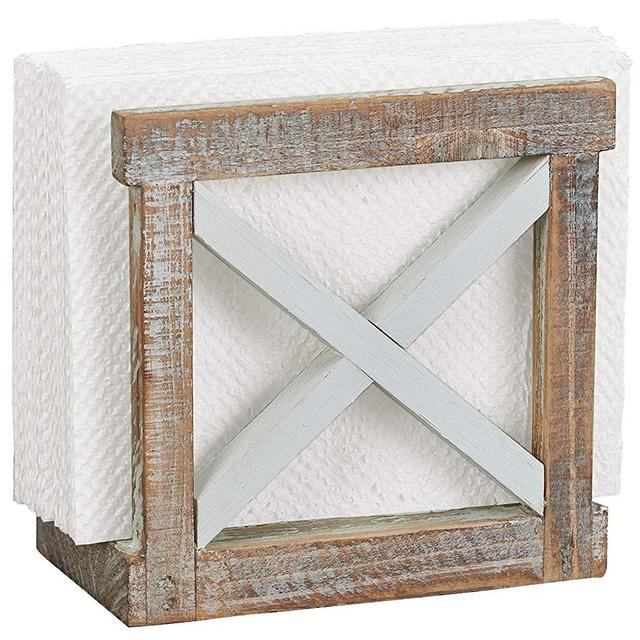 Barnyard Designs Rustic Wood Napkin Holder Primitive Vintage Farmhouse Paper Napkin Storage Dispenser, 5.5" x 5.5”(White/Brown)
