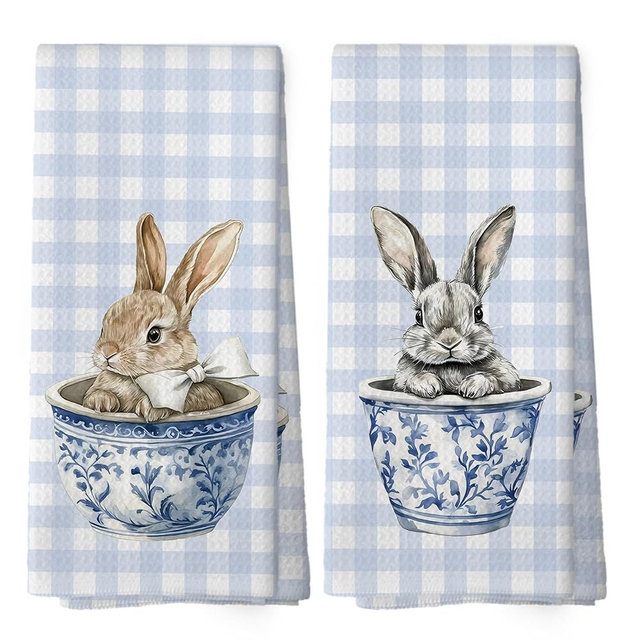 Mcehtle Chinoiserie Easter Bunny Kitchen Towels, Easter Hand Towel for Bathroom Kitchen Decor, Blue and White Gingham Rabbit Decorative Tea Towels Dish Towel 16x24 Inch Set of 2