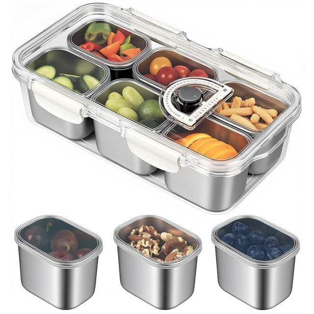 Snackle Box Container, Stainless Steel Portable Snack Containers with Lids, 6 Compartment Divided Serving Tray, Clear Storage Organizer for Fruit Candy Nuts Veggie, Perfect for Road Travel Party