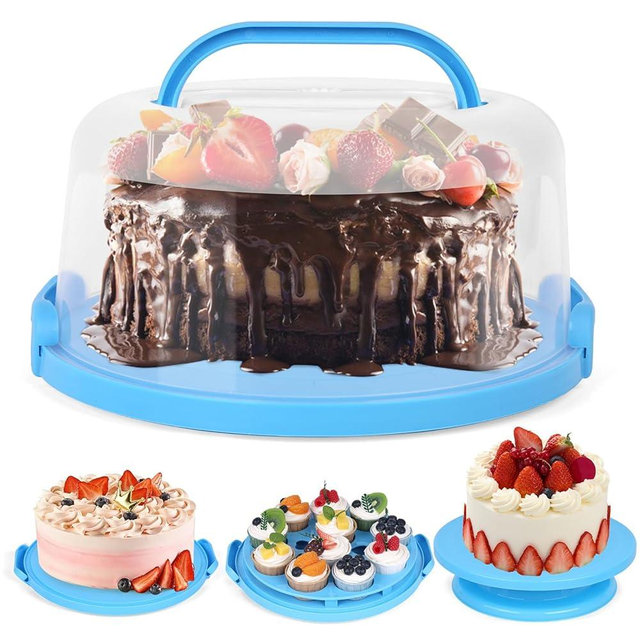 VGOODALL Cake Carrier with Lid, 12 inch Blue Round Cake Holder Cupcake Container for 11 Cupcakes 2 in 1 Portable Dessert Container for Cake Pie Muffin Cobbler