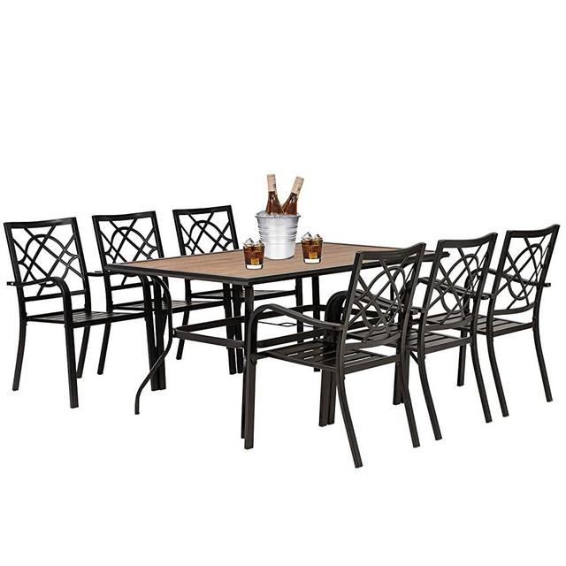 Patiomore 7 Piece Outdoor Patio Dining Set, Metal Furniture Set Rectangular Wood-Like Dining Table with Umbrella Holes & 6 Stackable Backyard Garden Chairs