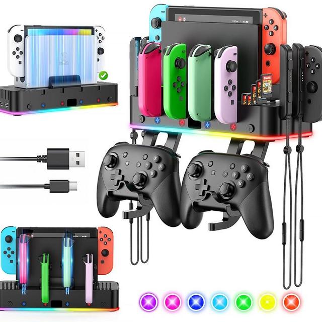 Klipdasse RGB Switch Wall Mount for Joy-con Charger, Switch Organizer for Nintendo/OLED with Holder, Switch Charging Dock for Joycon with 15 Light Mode, 4 Charger, 2 USB Port, 10 Card Slots