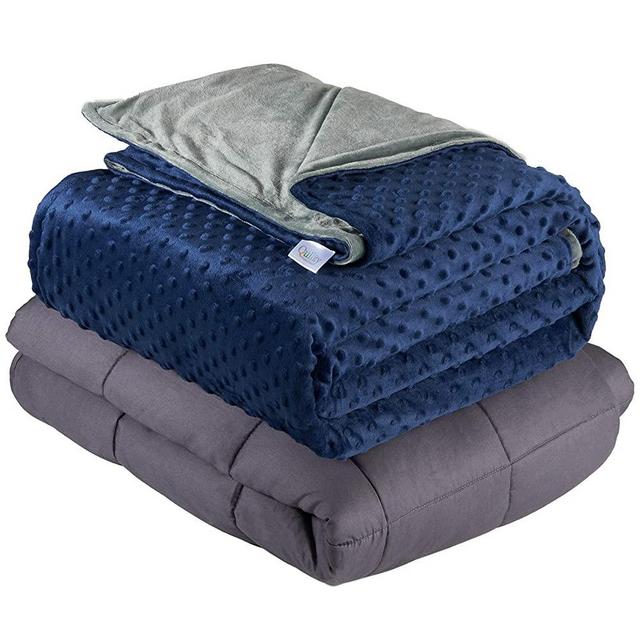 Quility Premium Adult Weighted Blanket & Removable Cover | 25 lbs | 86"x92" | for Individual or Couples Between 170-230 lbs | Queen Size Bed | Premium Glass Beads | Cotton/Minky | Grey/Navy Blue