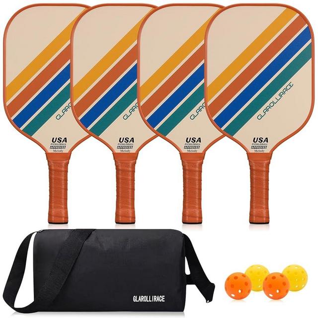 GLAROLLIRACE Pickleball Paddles Set of 4 Wood Pickle Ball Paddles/Pickleball Set of 2 Fiberglass Pickleball Rackets,2 Indoor/2 Outdoor Pickleball Balls,1 Pickleball bag