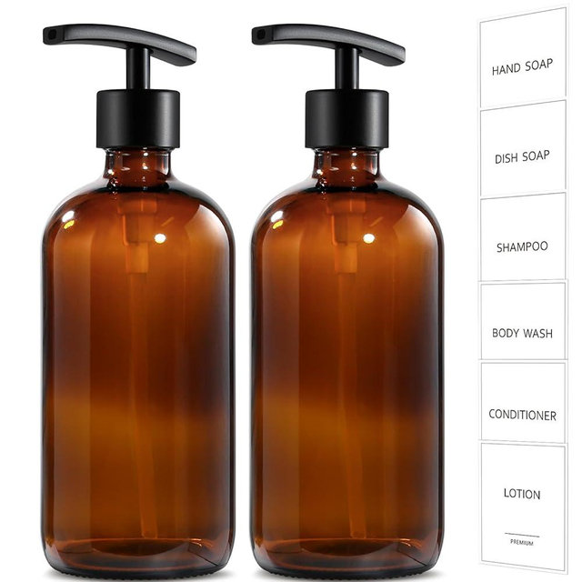 GMISUN Amber Glass Soap Dispenser, 2 Pack Bathroom Hand Soap Dispensers with Stainless Steel Pump, 17 Fl Oz Kitchen Hand and Dish Soap Dispenser Set, Modern Vintage Liquid Brown Soap Dispensers Bottle
