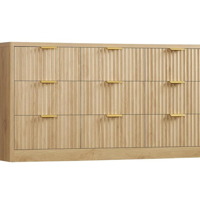 TEENFON Fluted Dresser for Bedroom with 9 Drawers, 63" Wide Modern Chest of Drawers with Metal Handle & Curved Profile Design, Wood Closet Clothes Storage Organizer for Living Room, Hallway, Natural
