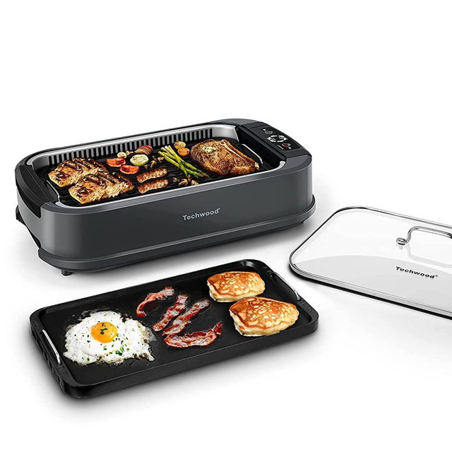 Indoor Smokeless Grill, Techwood 1500W Electric Grill with Tempered Glass Lid, Electric Portable Korean BBQ Grill, Dual Removable Griddle & Grill Plates, Dishwasher-Safe, Gray