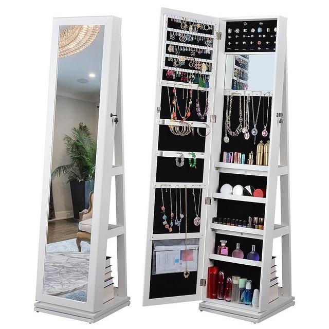 HOUAGI Mirror Jewelry Cabinet Standing,360°Rotating Jewelry Armoire Organizer with Full Length Mirror,Rear Storage Shelves,Built-in Small Mirror