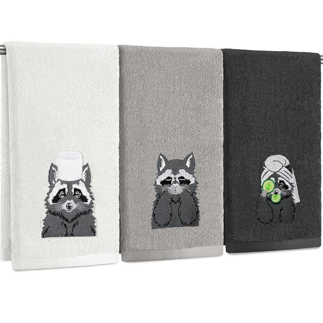 Hillsuren 3 Pcs Raccoon Gifts Hand Towels for Bathroom Decorative Funny Retro Raccoon Bathroom Decor 100% Cotton Embroidered Towels for Women Kitchen Decor, 13. 3 x 29. 5''