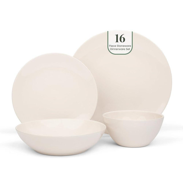 Larder & Vine Ceramic Stoneware Dinnerware 16-Piece Set, 4 Place Settings (White)