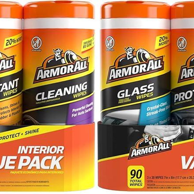 Armor All Protectant, Glass and Cleaning Wipes, Wipes for Car Interior and Car Exterior, 30 Count Each (Pack of 6)