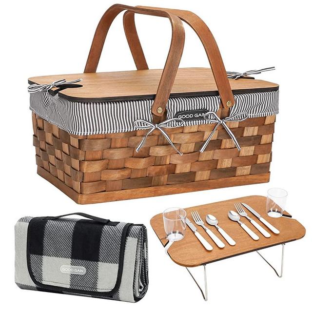 Picnic Basket for 2 with Blanket - Woodchip Picnic Basket Set with Wine Table, Handmade Basket with Handles & Removable Cutlery Service Kit, Gift Basket for Anniversary, Wedding, Engagement, Couple