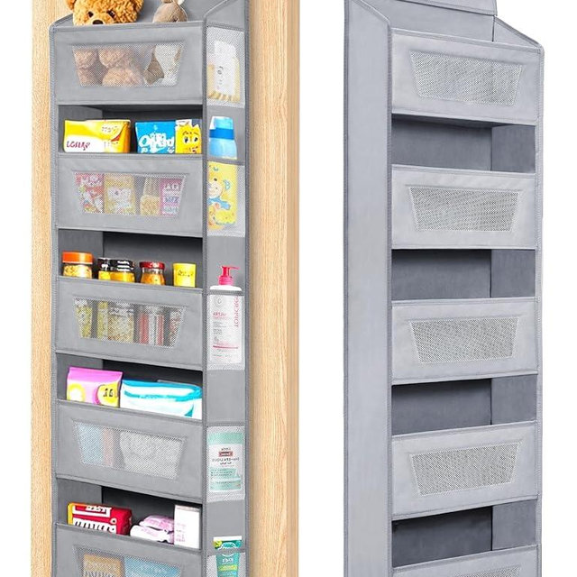 Meolsaek Over the Door Organizer,46lbs Load and Anti-Tilt Design，5 Tier Behind the Door Storage 5 Side Pockets，Perfect for Closet Organizers, Bathroom Storage